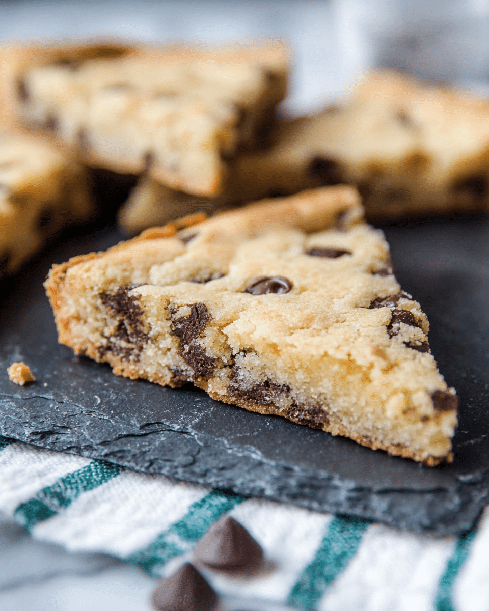 A close-up of a triangular slice of a chocolate chip cookie bar resting on a dark slate board, showing a golden-brown top layer with small dark chocolate chips scattered throughout; the cookie has a soft, crumbly texture with a slightly uneven surface and a thin crust visible on the side. Behind it, more similarly cut slices are partially visible, slightly out of focus. The slate board sits on a white marbled surface covered partially by a white cloth with green and black stripes. A few small chocolate chips are scattered near the bottom edge of the photo. photo taken with an iphone --ar 4:5 --v 7