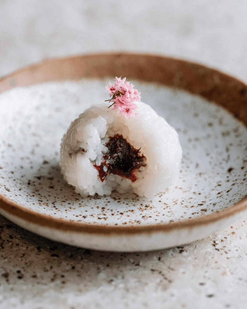 The image shows two small round pink rice cakes wrapped in green leaves on white ceramic plates. Each rice cake has a smooth, slightly grainy texture and is covered with a big green leaf that wraps around most of its surface. A small pink dried flower sits delicately on top of each leaf. The plates rest on a white marbled surface with some scattered white and pink flower petals for decoration, creating a soft and natural atmosphere. photo taken with an iphone --ar 4:5 --v 7