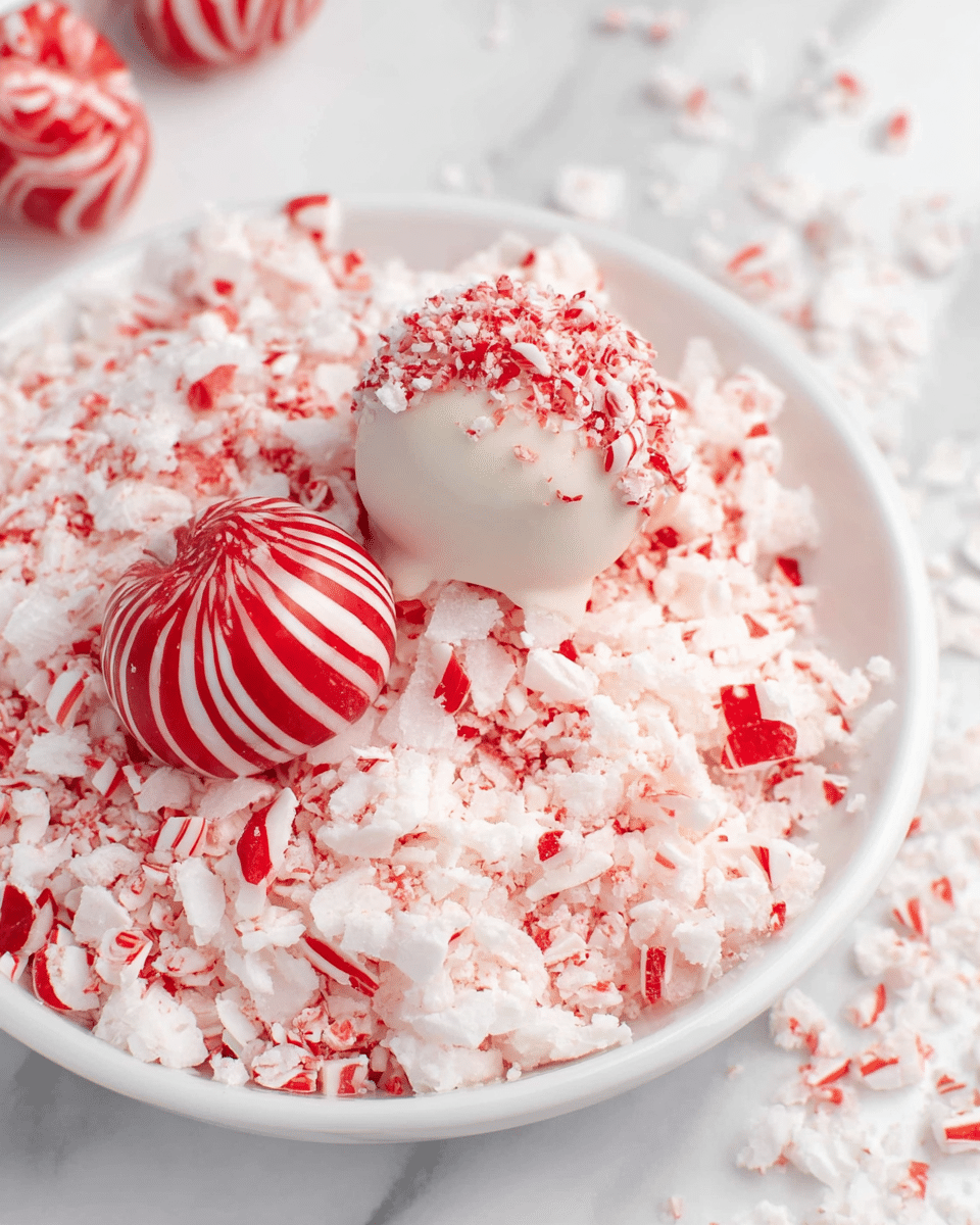 The image shows a white plate filled with about a dozen bright red cherries, each dipped halfway in smooth, white chocolate. The white chocolate coating is thick at the bottom and topped with small bits of crushed peppermint candy, adding a rough, textured layer at the base of each cherry. The long, thin cherry stems poke upward, creating vertical lines that contrast with the round shapes of the cherries. The plate sits on a white marbled surface, and some extra peppermint candies are scattered around it, along with another white plate holding several cherry and white chocolate treats in the background. Photo taken with an iphone --ar 4:5 --v 7