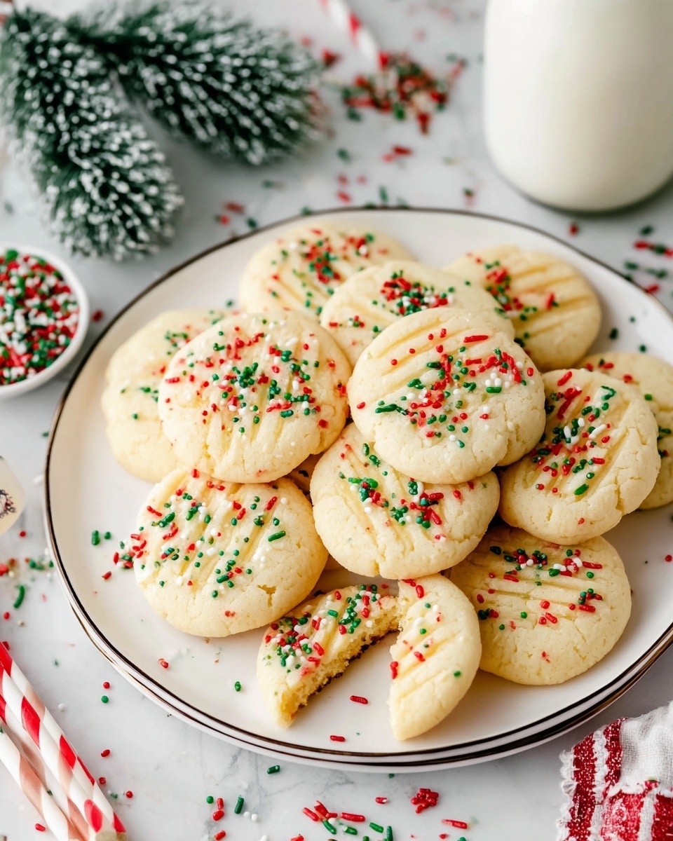 A plate piled with about fifteen round, pale yellow cookies with a soft texture and light fork marks on top, each sprinkled with red, green, and white small rod sprinkles evenly spread across the top layer. One cookie is broken in half, showing a soft and crumbly inside. The plate is white with a thin dark line on the rim, placed on a white marbled surface with red and green sprinkles scattered loosely around. In the background, there is a glass bottle of milk with two straws showing red and green patterns. Near the top left corner, a small frosted green pine branch adds a holiday feel. Photo taken with an iphone --ar 4:5 --v 7