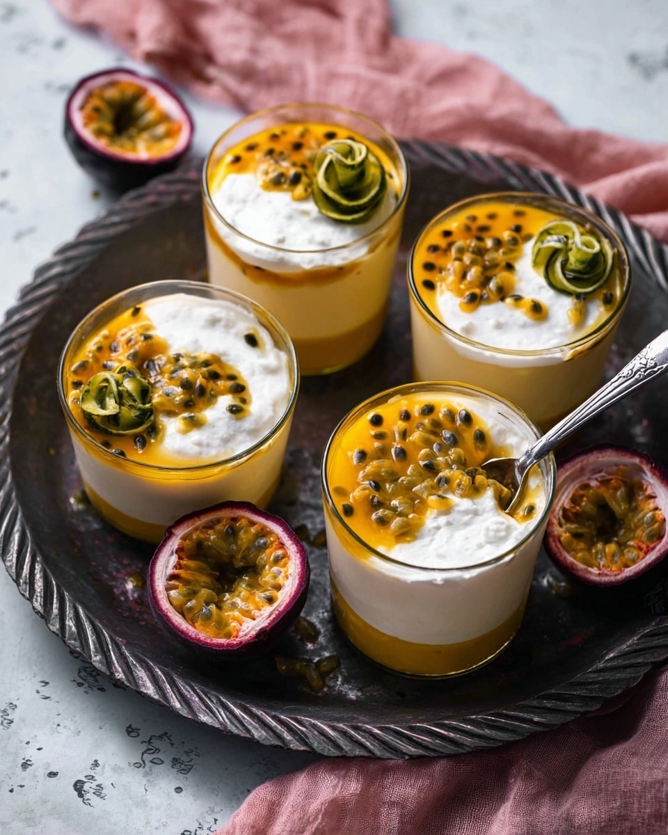 Four clear glass cups filled with a yellow, creamy base layer topped with a thick, white dollop of whipped cream and scattered small black passion fruit seeds. Each cup is garnished with thin, curled lime zest strips sitting on the whipped cream. One cup in the front left has a spoon scooping some of the yellow layer, showing its smooth texture. The cups are placed on a dark metal tray with a carved edge, surrounded by halved passion fruits with purple skins and bright orange, seedy pulp. A pale pink cloth is draped to the left, and the scene rests on a white marbled surface. Photo taken with an iphone --ar 4:5 --v 7