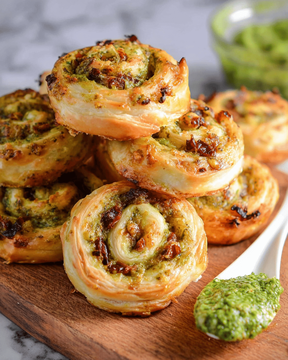 The image shows several golden puff pastry pinwheels stacked on a wooden board. Each pinwheel has multiple layers of flaky, light brown pastry with a spiral of green pesto and small bits of browned filling mixed with bits of cheese and sun-dried tomatoes inside. The pinwheels have a crisp texture on the outside and a soft, cheesy inside with visible herbs scattered within. To the right, there is a white spoon with a dollop of bright green pesto sauce, and a blurred green bowl of pesto in the background. The surface beneath is a white marbled texture. Photo taken with an iphone --ar 4:5 --v 7