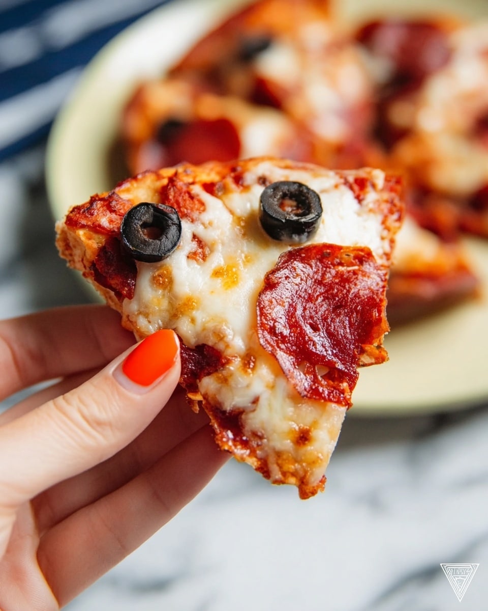 A small slice of pizza is held by a woman's hand with orange nail polish, showing three distinct layers: a thin crust base with a dark red sauce, a middle layer of melted white cheese that is slightly browned and bubbly on top, and scattered toppings including thin, crispy reddish pepperoni slices and two black olive rings placed near the center. The back shows a blurred image of the rest of the pizza on a white plate, all set on a white marbled surface. Photo taken with an iphone --ar 4:5 --v 7