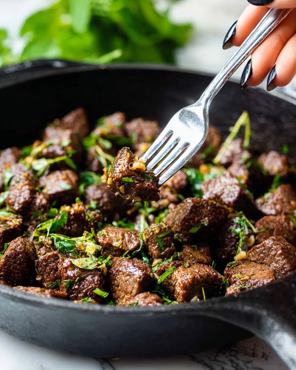 A close-up view of a black cast iron pan filled with many small, well-cooked beef pieces, browned on the outside and garnished with fresh green herbs and small bits of garlic, showing a mix of deep brown and bright green colors. A woman's hand with dark gray painted nails holds a silver fork stabbing one piece of beef, adding a sense of action and interaction. The background is blurred with green leaves, and the whole setting rests on a white marbled surface. photo taken with an iphone --ar 4:5 --v 7