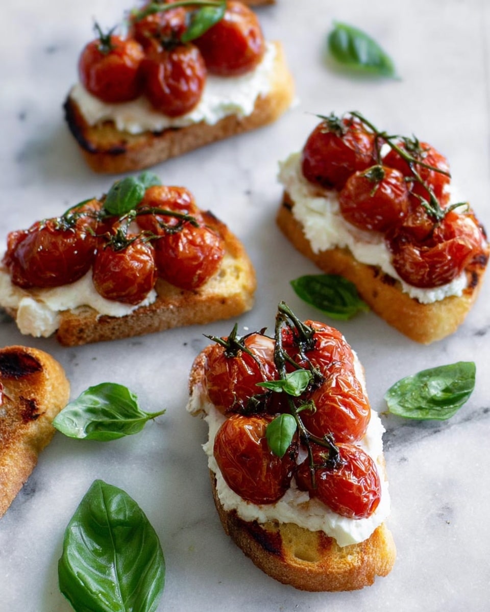 The image shows five pieces of toasted bread slices arranged on a white marbled surface. Each slice has three layers: the bottom layer is golden-brown grilled bread with a slightly crispy texture, the middle layer is a thick, soft white cheese spread, and the top layer consists of shiny, red roasted cherry tomatoes still attached to their green stems. Small green basil leaves are placed on and around the bread slices, adding a fresh color contrast. The overall look is fresh and colorful with a rustic feel. photo taken with an iphone --ar 4:5 --v 7