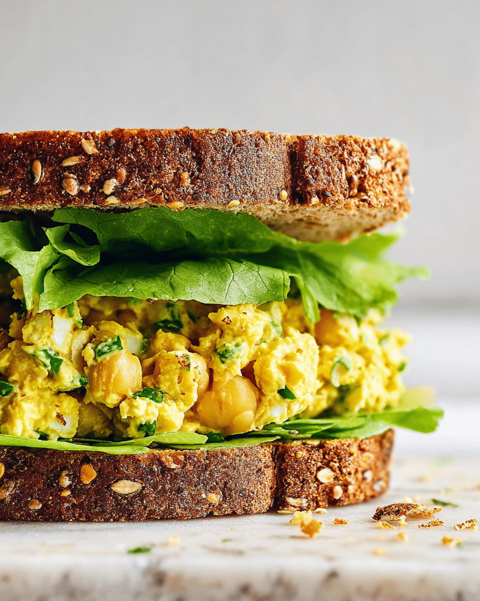 A close-up of a sandwich on two thick slices of multigrain bread with a rough, textured crust. Inside, there are two layers of bright green, crisp leafy lettuce, one near the top and one near the bottom. Between the lettuce layers, there is a thick, chunky layer of yellow chickpea salad mixed with small green and light brown bits, showing a soft, coarse texture. The sandwich sits on a white marbled surface with some scattered crumbs nearby. photo taken with an iphone --ar 4:5 --v 7