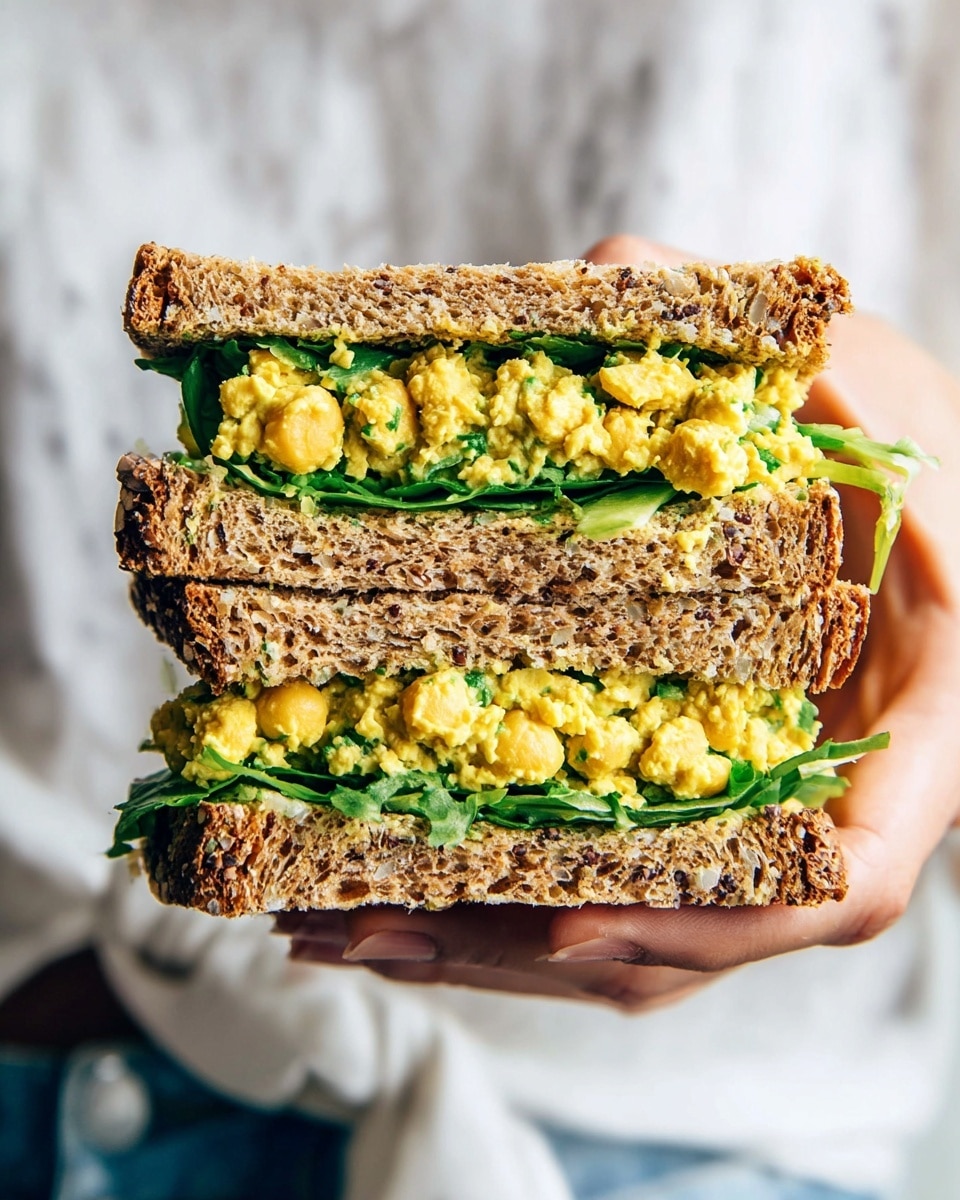 A close-up view of a thick sandwich held by a woman's hand, showing three main layers: two slices of multigrain brown bread with visible seeds and a rough texture on top and bottom, and a thick filling in between. The filling features a yellow, chunky mixture that looks creamy and soft, possibly egg salad or chickpea mash, combined with fresh green leafy lettuce providing a crisp texture. The background is blurred, with a white marbled texture barely visible, and the sandwich is centered in the frame, highlighting its height and fresh ingredients. photo taken with an iphone --ar 4:5 --v 7
