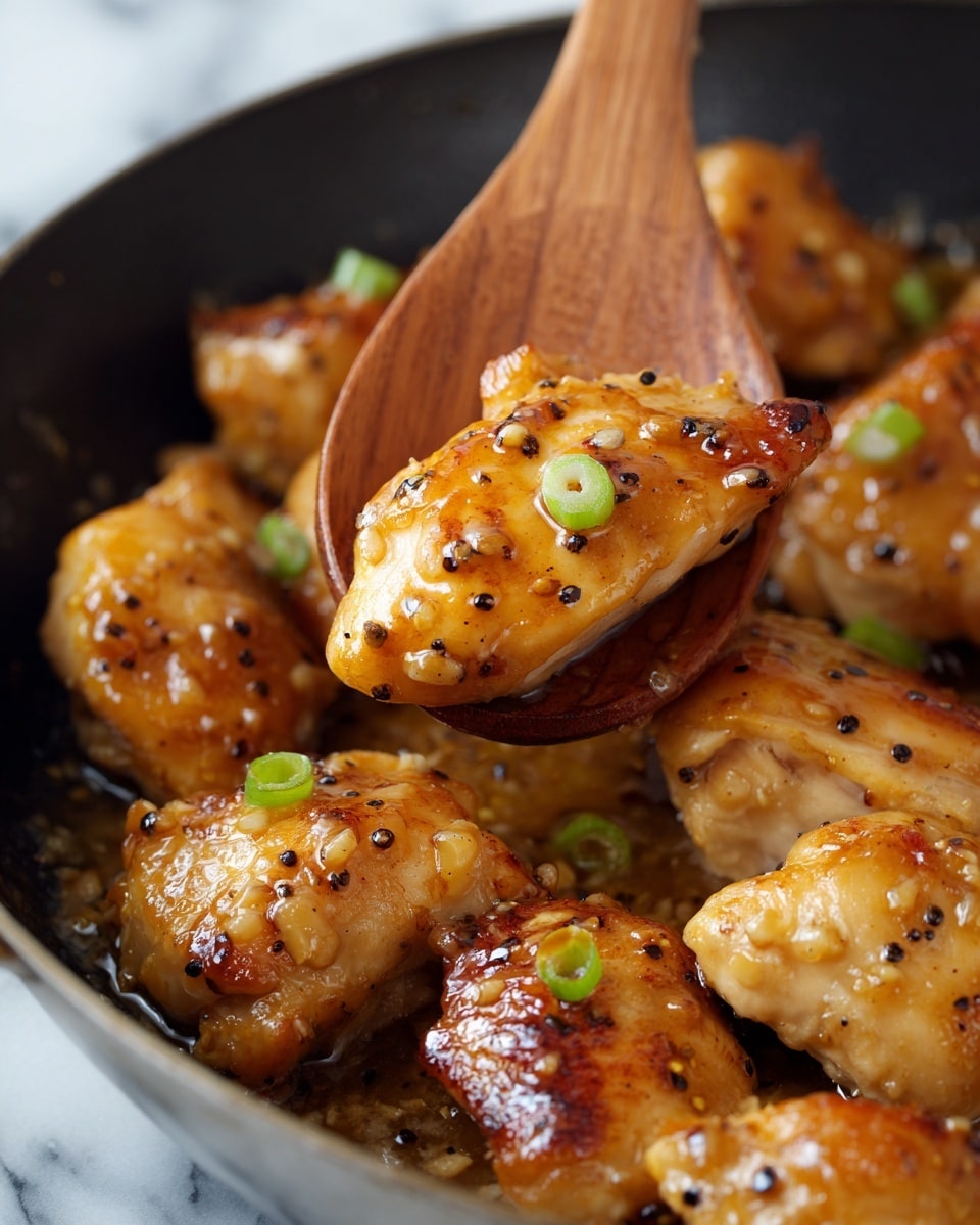 The image shows pieces of cooked chicken with a shiny, golden-brown glaze and small black pepper spots, covered in a light brown sauce. The chicken pieces are irregularly shaped, with some garnished with small slices of green onion. The focus is on a wooden spoon holding two chicken pieces and a green onion slice, held above a pan filled with more glazed chicken pieces. The background surface is a white marbled texture. photo taken with an iphone --ar 4:5 --v 7