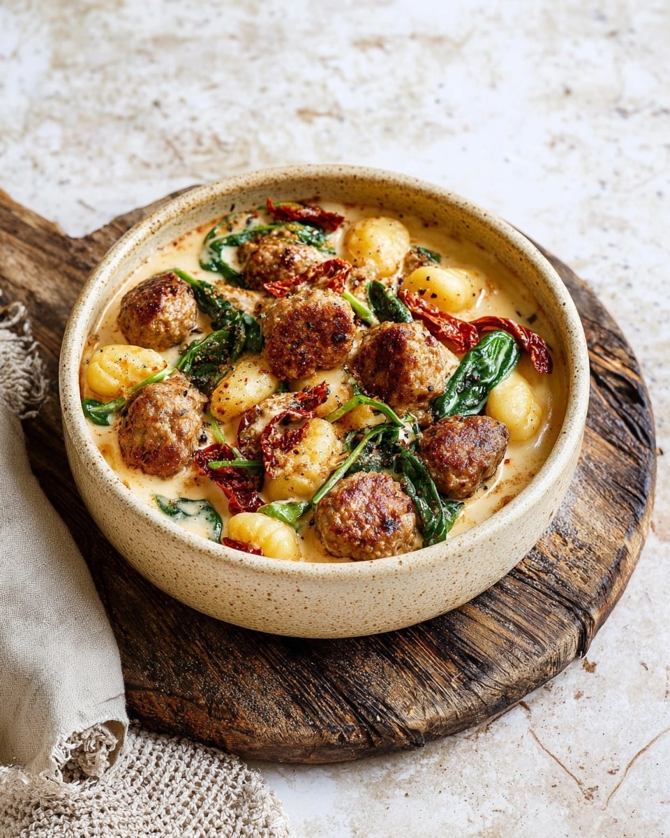 A beige ceramic bowl filled with a creamy pasta dish, showing three distinct layers: at the bottom, a bed of light yellow gnocchi coated with a smooth cream sauce; on top of that, several browned meatballs with a slightly charred texture; and scattered throughout are wilted dark green spinach leaves and rich red sun-dried tomato pieces, all mixed together in the creamy sauce. The bowl sits on a rustic dark wooden board placed over a white marbled surface with a light beige textured napkin partly visible to the side. Photo taken with an iphone --ar 4:5 --v 7