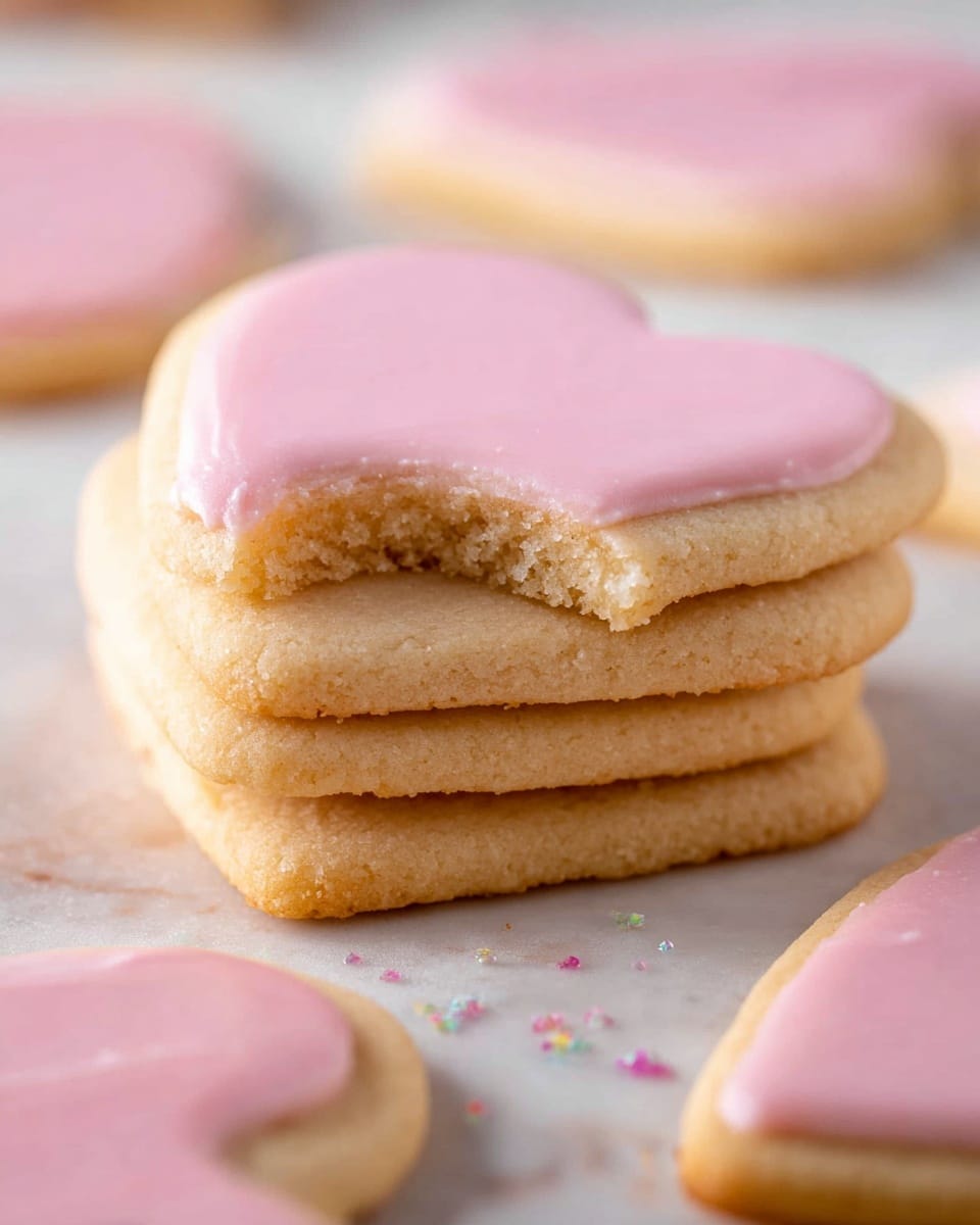 A close-up shows a stack of four light golden brown heart-shaped cookies sitting on a white marbled surface. The top cookie has a smooth pink icing covering its surface and a bite taken out of one side, revealing a soft, crumbly texture. Around the main stack, more cookies of similar shape and color lie flat on the white marbled surface in soft focus. The overall look is warm and inviting with gentle lighting. photo taken with an iphone --ar 4:5 --v 7
