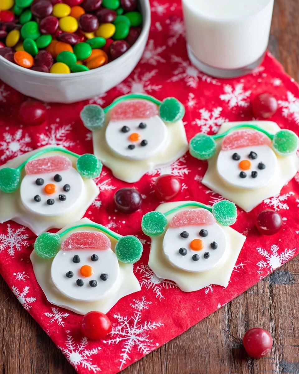 A white chocolate bark piece shaped roughly rectangular with a smooth, creamy white surface is decorated to look like a snowman face wearing red earmuffs. The snowman face is made of a white round dollop in the center near the top, with black candy dots for eyes and mouth, and a small orange candy for the nose. The earmuffs are red, round, and textured, placed on each side of the face, connected by a thin red line over the top of the head. Below the face are three round green candies vertically aligned as buttons. The bark piece leans against a clear glass mug filled with light brown hot chocolate, all set on a wooden board with a bright red cloth with white snowflake patterns. Frosted red berries appear in the foreground on the board. The scene is on a white marbled surface. photo taken with an iphone --ar 4:5 --v 7