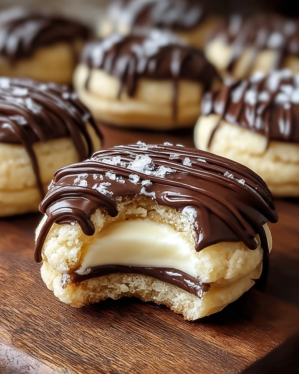 A close-up view of soft, round cookies with three visible layers: a light golden crumbly outer layer, a smooth, creamy white filling in the center, and a thin dark brown chocolate base at the bottom. Each cookie is topped with dark brown chocolate drizzles running horizontally across the top. The cookies are placed in a row on a wooden surface. Photo taken with an iphone --ar 4:5 --v 7