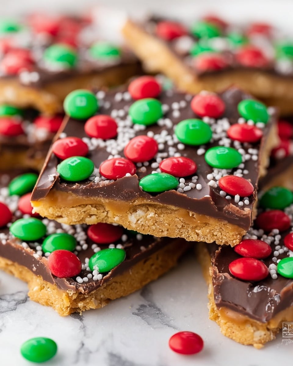 This image shows several pieces of holiday treat bark on a white marbled surface. Each piece has three layers: the bottom layer is a light golden brown cookie base, the middle layer is thick and dark chocolate spread evenly with a smooth texture, and the top layer is decorated with small red, green, and white round candy sprinkles or festive red and green M&M's candies placed closely together. The pieces are stacked slightly on each other, creating a layered look with rough edges on the cookie base and a shiny appearance on the chocolate and candies. Photo taken with an iphone --ar 4:5 --v 7