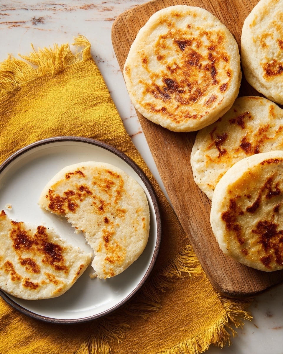 A close-up view of five round flatbreads with a golden brown, crispy texture on top; three flatbreads are arranged on a light wooden board in the top right, while one intact and one broken flatbread are placed on a white plate with a thin dark rim in the bottom left, showing a soft, white inside contrasting with the crunchy outer layer. The plate sits on a yellow cloth with visible fringes, all placed on a white marbled textured surface. The flatbreads have uneven golden patches that give them a homemade look. photo taken with an iphone --ar 4:5 --v 7