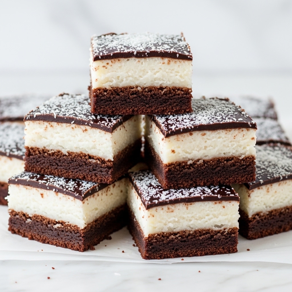 The image shows a stack of square dessert bars with three distinct layers, placed on white parchment paper on a white marbled surface. The bottom layer is dark brown, dense, and looks like moist chocolate cake. The middle layer is thick, creamy, and white with a smooth texture, likely made of coconut filling. The top layer is a shiny, dark chocolate glaze sprinkled generously with fine white shredded coconut, creating a snowy effect. The bars are neatly cut, with some pieces stacked unevenly, showcasing the contrast of dark and light colors. Photo taken with an iphone --ar 4:5 --v 7