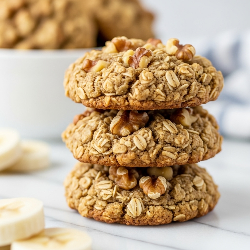 The image shows a stack of three oatmeal cookies with visible pieces of walnuts inside. Each cookie has a rough texture with oats and nut chunks spread throughout, displaying a golden-brown color. The cookies are placed on a white marbled surface with a blurred bowl containing more cookies in the background. In the foreground, there are blurred slices of banana, adding a soft yellow contrast to the warm tones of the cookies. Photo taken with an iphone --ar 4:5 --v 7