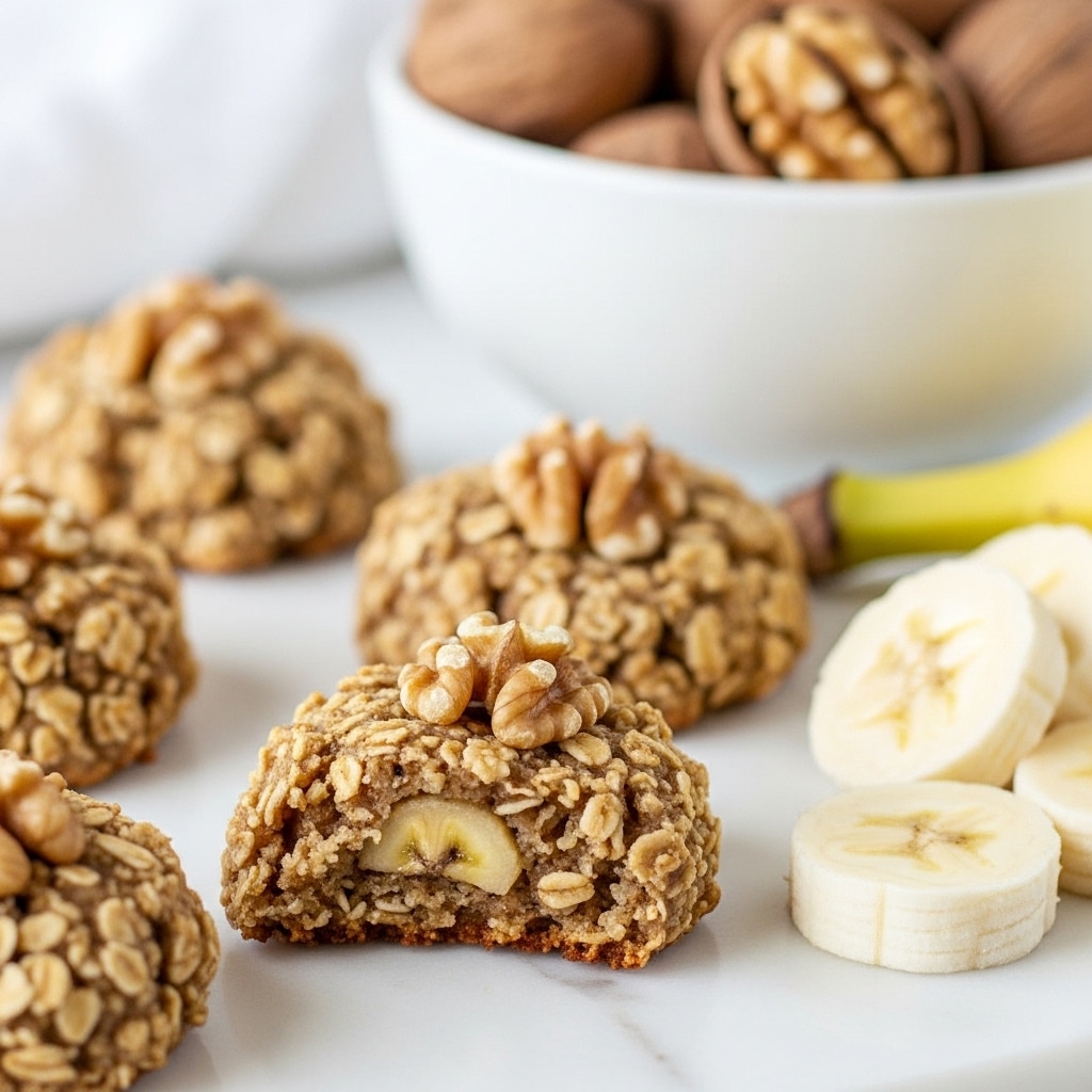 The image shows a close-up of several small oat and walnut cookies on a white marbled surface. The cookies are rough-textured with visible oat flakes and walnut pieces, some showing a soft, chewy inside with bits of banana. Nearby, there are some slices of banana, light yellow in color, adding contrast to the oat cookies. In the background, there is a white bowl filled with whole walnut halves. The colors are mostly light brown, beige, and golden, creating a warm and natural look. photo taken with an iphone --ar 4:5 --v 7