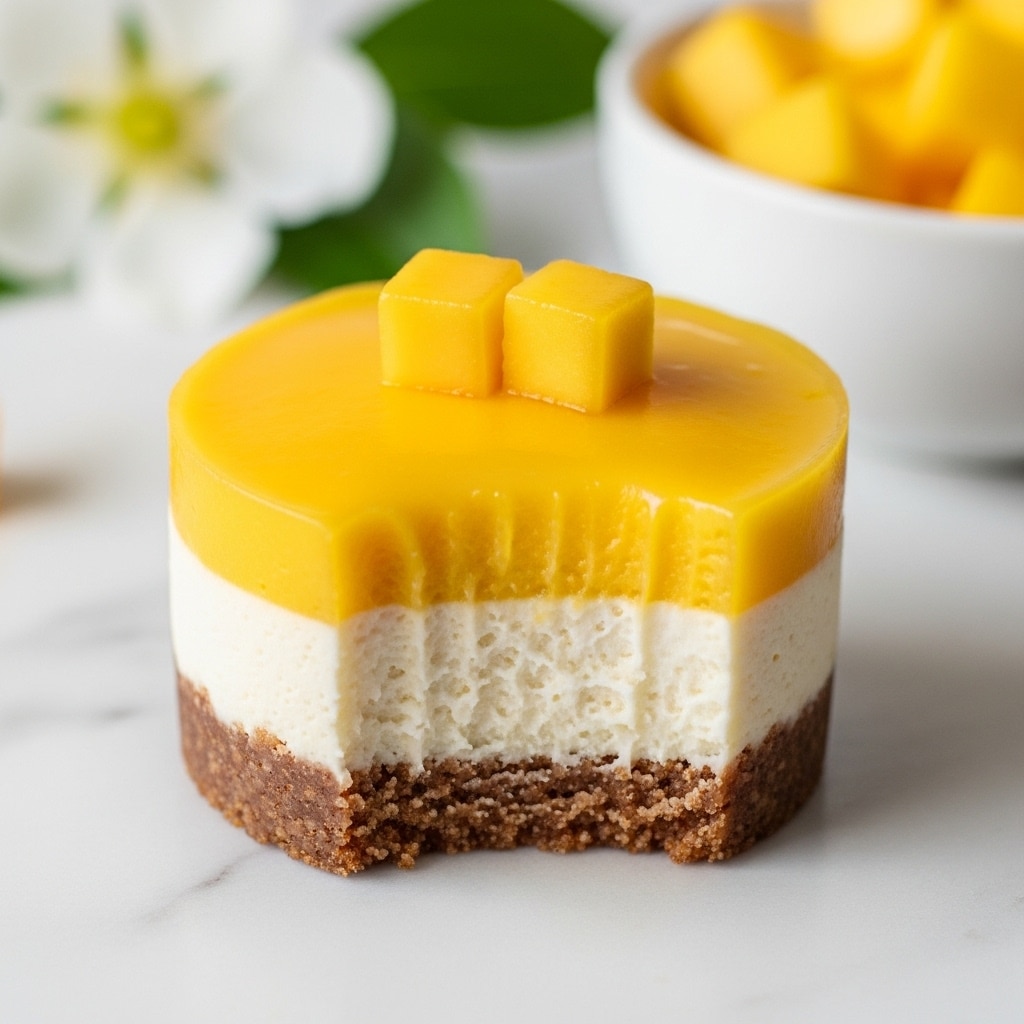 The image shows a small round dessert with three clear layers, sitting on a white marbled surface. The bottom layer is a brown crumbly crust, the middle layer is thick and creamy white, and the top layer is a smooth bright yellow mango glaze with two small cube pieces of fresh mango on top. The dessert has a bite taken from it, revealing all layers clearly. In the background, there is part of a white bowl with more yellow mango cubes and a white flower with green leaves slightly out of focus. Photo taken with an iphone --ar 4:5 --v 7