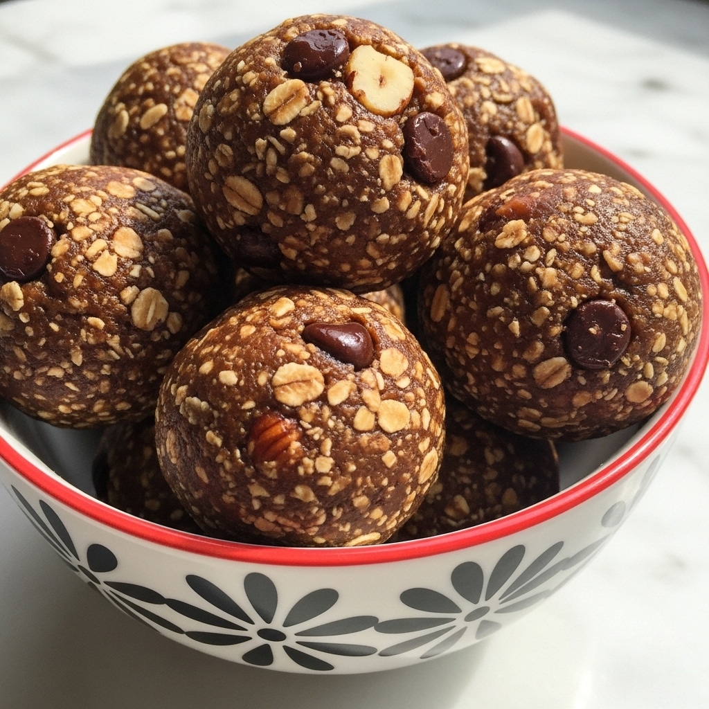 A close-up view of several round, rough-textured energy balls filled with visible oats, chocolate chips, and nuts, piled inside a white bowl with a red rim and black flower patterns; the balls show a mix of brown shades with coarse bits and small chunks throughout, the bowl sits on a white marbled surface with soft natural light shining from behind, giving the energy balls a slightly shiny, moist appearance. photo taken with an iphone --ar 4:5 --v 7
