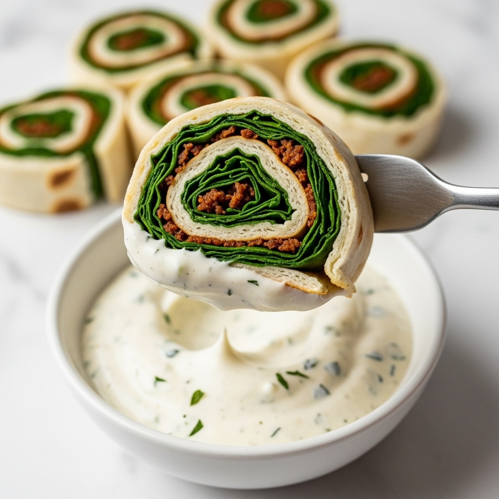 A close-up image shows a single rolled slice of a white flatbread filled with green spinach and small bits of brown meat, tightly swirled to create visible layers. The roll is held up by a silver fork above a white bowl filled with creamy white sauce that has small black herb specks. The background and surface are a white marbled texture. The entire composition looks fresh and creamy. photo taken with an iphone --ar 4:5 --v 7