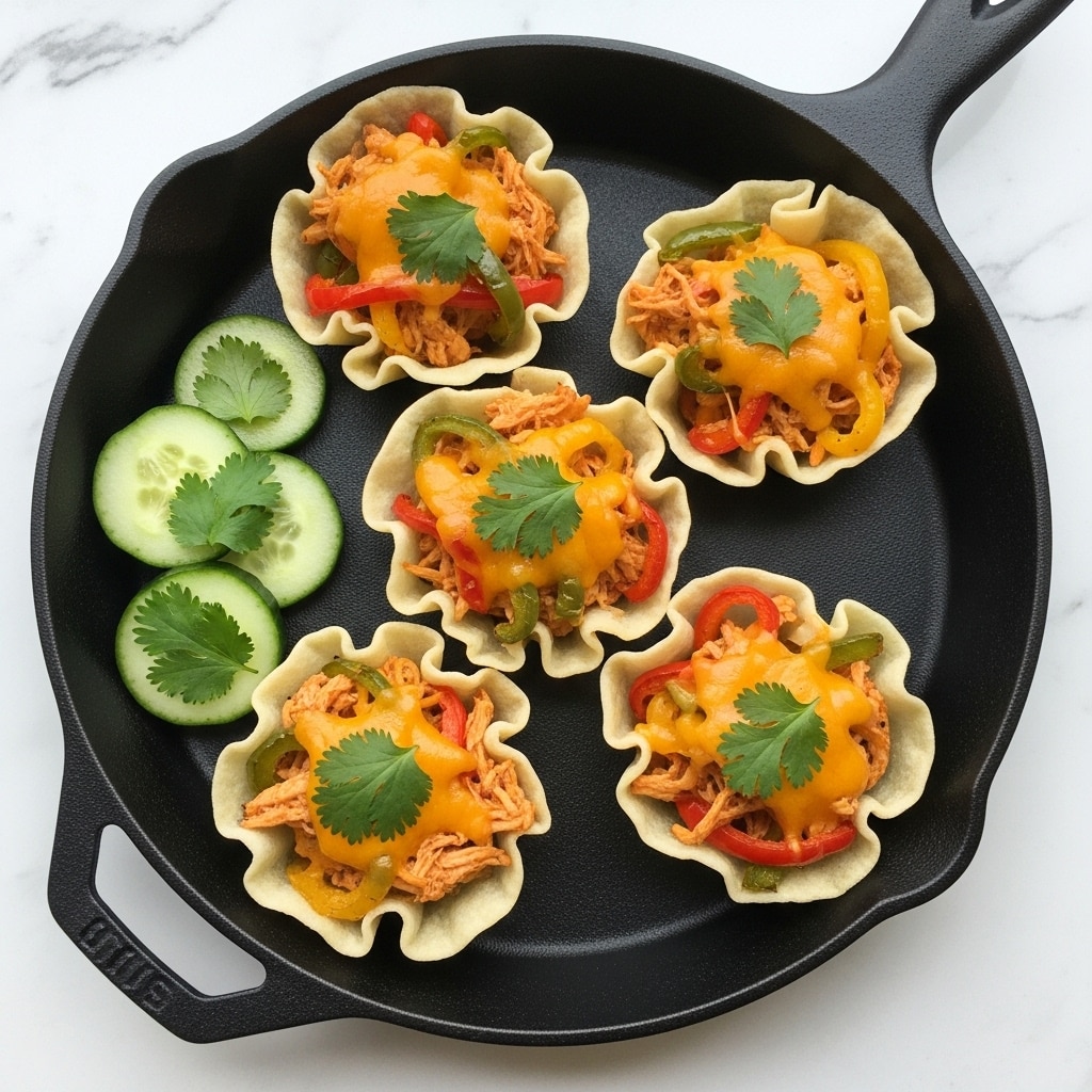 Five mini tartlets with crispy, light beige, ruffled pastry shells are placed inside a black cast iron skillet on a white marbled surface. Each tartlet has a layer of cooked shredded chicken mixed with strips of cooked red, green, and yellow bell peppers. The fillings are topped with melted golden-yellow cheese and sprinkled with fresh green cilantro leaves. On the left side of the skillet, there are three slices of fresh cucumber garnished with small bits of cilantro. The scene is bright and colorful, highlighting the fresh and warm textures. Photo taken with an iphone --ar 4:5 --v 7