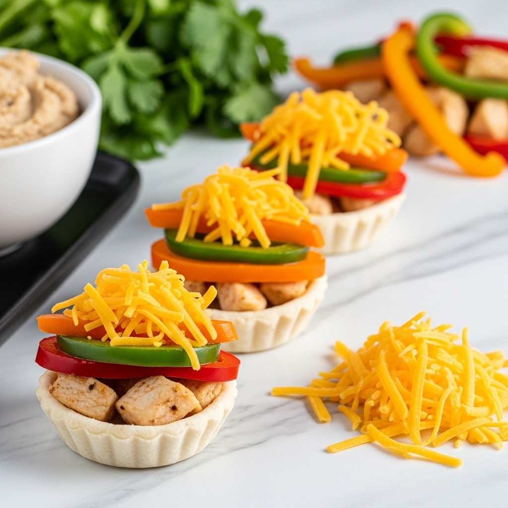The image shows three small white pastry cups on a white marbled surface, each filled with different layers: a bottom layer of cooked chicken pieces, followed by slices of red, green, and orange bell peppers, and topped with shredded bright yellow cheddar cheese. To the right of the cups, there is a small pile of shredded cheddar cheese, and in the background, there are colorful slices of cooked bell peppers mixed with more chicken. On the left side, part of a white bowl filled with a light brown spread sits on a black tray, with fresh green cilantro leaves blurred behind it. Photo taken with an iphone --ar 4:5 --v 7