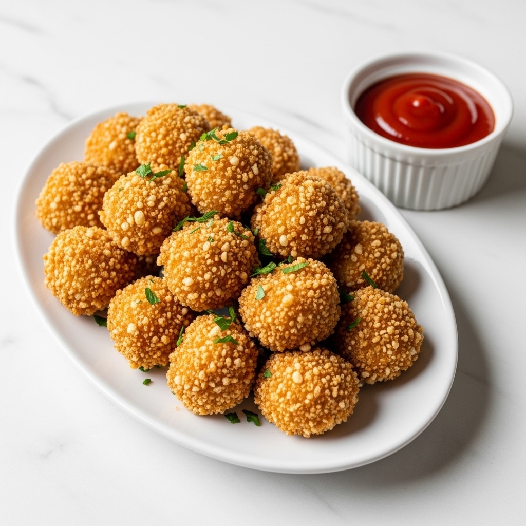 A white oval plate holds a pile of small, golden, crispy popcorn chicken pieces coated in a crumbly breading with some green parsley flakes sprinkled on top, giving a crunchy texture with light and dark golden spots. To the right of the plate, there is a small white round ramekin filled with a smooth red dipping sauce. The whole scene rests on a white marbled surface. Photo taken with an iphone --ar 4:5 --v 7