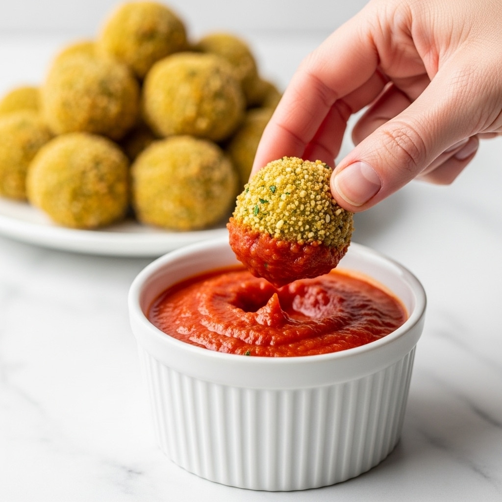 A close-up image shows a woman's hand dipping a small, round, golden-brown crispy ball into a white ramekin filled with thick red marinara sauce. The ball has a crunchy texture with small green herb specks on its surface. In the blurred background, a white plate holds a pile of similarly sized crispy balls. The setting features a white marbled surface beneath the dishes, creating a clean and simple layout. Photo taken with an iphone --ar 4:5 --v 7