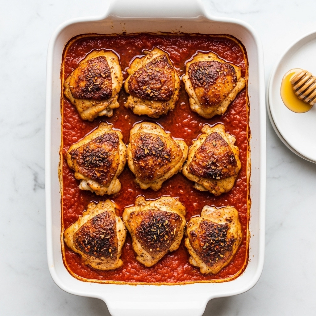 The image shows a white rectangular baking dish filled with eight pieces of cooked chicken thighs sitting in a thick, rich red sauce. The chicken pieces have a browned, slightly crispy texture on top with visible spices and charred bits, giving a rustic and flavorful look. The sauce surrounds the chicken, appearing smooth and oily, pooling around the edges of the dish. The white marbled surface underneath the dish adds a clean background, with a small white plate and a honey dipper partially visible on the right side. Photo taken with an iphone --ar 4:5 --v 7