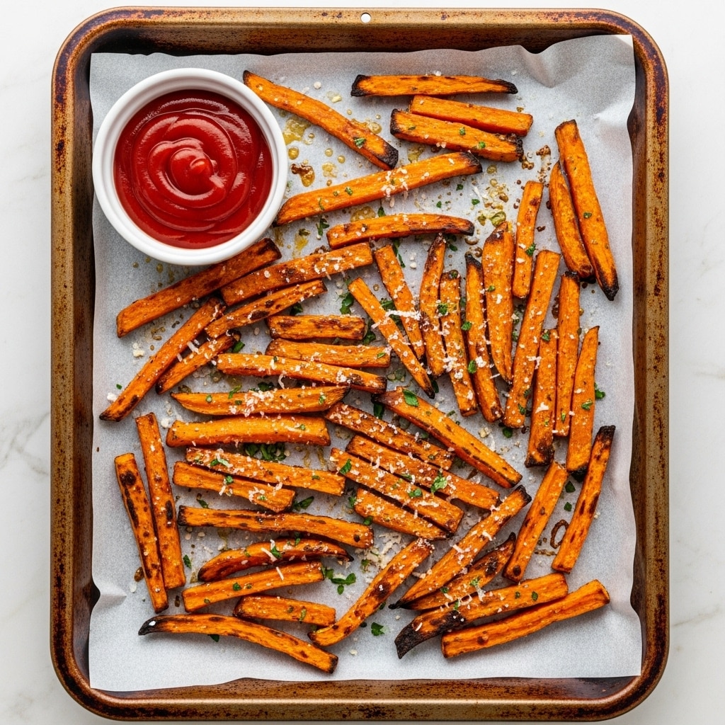 A rusty brown baking tray with a layer of light parchment paper holds one layer of orange sweet potato fries with some charred dark spots, sprinkled with small bits of green herbs and white grated cheese. A small white round bowl filled with thick red ketchup sits near the top left corner of the tray. The tray is set on a white marbled surface. photo taken with an iphone --ar 4:5 --v 7