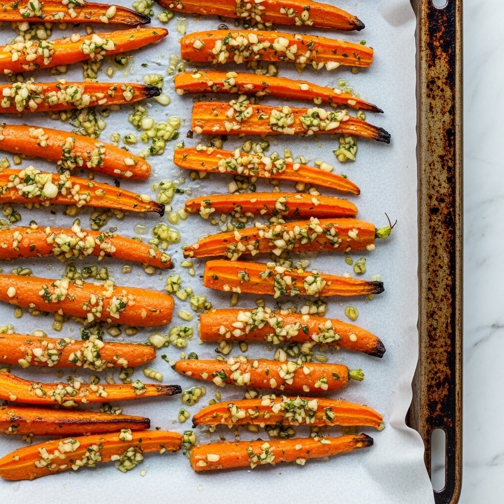 The image shows a single layer of roasted carrot sticks on a baking tray lined with parchment paper. The carrots are cut into thin sticks, bright orange with some edges darkened by roasting. They are sprinkled unevenly with a minced garlic and herb mixture, adding a light yellow and green color contrast. The baking tray has a worn, darkened edge, and the whole setup rests on a white marbled surface. photo taken with an iphone --ar 4:5 --v 7