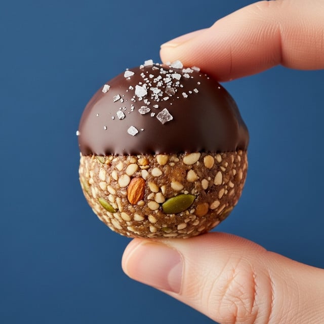 A small round bite-sized ball held between a woman's thumb and forefinger shows two main layers: the bottom layer with a rough texture made of mixed nuts and seeds in light brown and tan tones, and the top half dipped in smooth glossy dark chocolate, sprinkled with small flakes of white sea salt for contrast, all set against a plain deep blue background. photo taken with an iphone --ar 4:5 --v 7