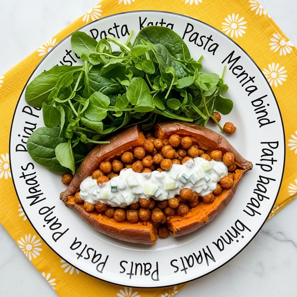 A white plate with black handwritten pasta names around the rim holds a baked sweet potato split open in the center, topped with a layer of small, golden-brown roasted chickpeas. Over the chickpeas is a drizzle of white yogurt sauce speckled with small green bits of cucumber. On one side of the plate, there is a fresh green salad made of spinach and watercress leaves. The plate rests on a bright yellow cloth with a white floral pattern, placed on a white marbled surface. photo taken with an iphone --ar 4:5 --v 7