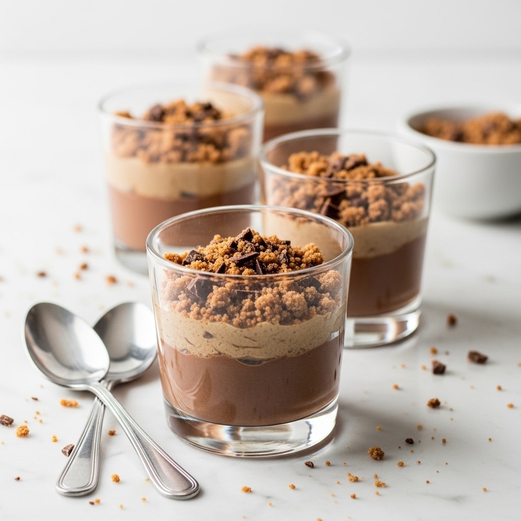The image shows four small clear glass cups filled with two layers: the bottom layer is smooth, dark brown chocolate pudding, and the top layer is a light brown crumbly mixture with small chocolate pieces. The cups are placed on a white marbled surface with small crumbs scattered around them. Two silver spoons rest side by side near the front cup, and a small white bowl with the crumbly topping is visible on the right side in the background. The cups are arranged in a diagonal line receding into the background. photo taken with an iphone --ar 4:5 --v 7