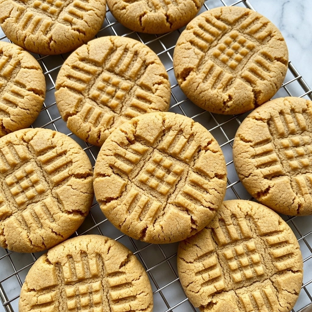 The image shows a close-up of several round, golden-brown peanut butter cookies with a soft texture, arranged in a scattered pile on a metal cooling rack. Each cookie has a cross-hatch pattern on its top surface made with fork marks, giving a slightly indented grid look. The cookies are thick and have slightly cracked edges. The background is a white marbled texture, highlighting the warm color of the cookies clearly. photo taken with an iphone --ar 4:5 --v 7