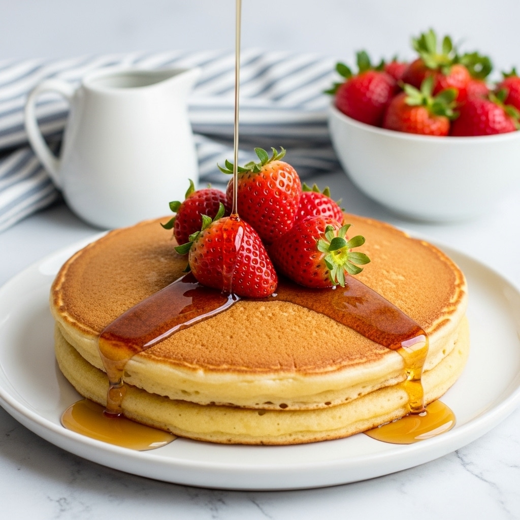 A thick, golden-brown pancake sits in the center of a white plate, with syrup poured over the top creating a glossy, amber pool that slowly drips down the sides. On top of the syrup are six fresh, red strawberries with green leaves, arranged in a small cluster. Behind the plate, a small white pitcher and a white bowl filled with more strawberries rest on a white marbled surface, with a blue and white striped cloth in the background. photo taken with an iphone --ar 4:5 --v 7