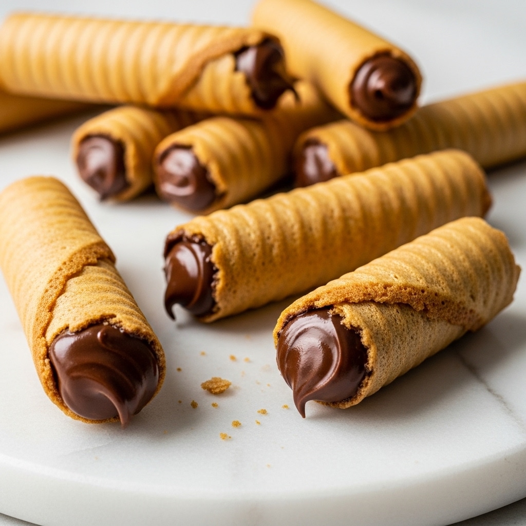 The image shows several thin, golden-brown rolled wafers filled with smooth, glossy chocolate cream on a white marbled surface. The wafers have a crispy texture, with some edges slightly darker, indicating a light bake. Each wafer is cylindrical and filled to the end with the rich chocolate, which is thick and shiny, slightly spilling out in places. Some wafers are whole, while one is broken, revealing the creamy chocolate inside. Small crumbs from the wafers are scattered nearby. photo taken with an iphone --ar 4:5 --v 7