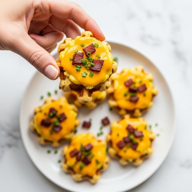 A woman's hand is holding a small, golden-brown waffle piece topped with melted bright yellow cheddar cheese and small dark brown crispy bacon bits, sprinkled with fresh green chopped chives. On a white plate below, several similar waffle pieces with the same toppings are arranged loosely. The background surface is a white marbled texture. photo taken with an iphone --ar 4:5 --v 7