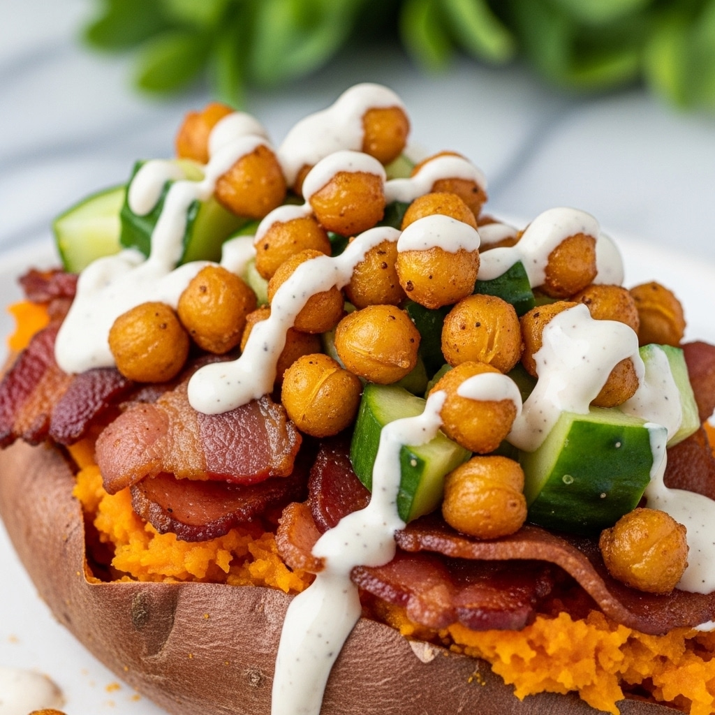 The image shows a close-up of a baked sweet potato topped with several layers. The base layer is the dark orange, soft sweet potato flesh which looks fluffy. On top of this is a layer of crispy brown bacon pieces on one side. Over the bacon and potato are golden roasted chickpeas clustered together. Scattered among the chickpeas are small, bright green cucumber chunks. Finally, a creamy white sauce is drizzled unevenly on top, covering parts of the chickpeas and cucumbers. In the background, there is a blurred green leafy texture on a white marbled surface. photo taken with an iphone --ar 4:5 --v 7