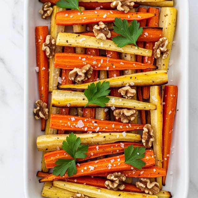 The image shows a close-up of roasted carrot and parsnip sticks layered unevenly in a white rectangular dish. The carrots are bright orange with a slight roasted sheen, while the parsnips are pale yellow with a roasted golden texture. Interspersed among the sticks are rustic chunks of walnuts and sprinkled coarse salt, enhancing the texture. Small bright green parsley leaves are scattered on top, adding a fresh contrast to the warm tones of the vegetables. The background is a white marbled surface. photo taken with an iphone --ar 4:5 --v 7