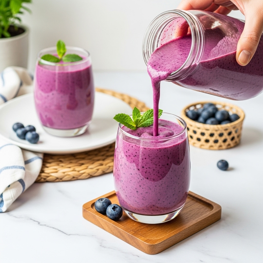 A bright purple smoothie with a thick, creamy texture is being poured from a glass jar into a clear glass sitting on a small wooden square coaster. The smoothie fills the glass almost to the top and is decorated with a fresh green mint leaf. Two blueberries rest on the wooden coaster near the base of the glass. In the background, another glass of the same smoothie is placed on a white plate with a mint leaf on top, set on a white marbled surface with a woven mat underneath. A small woven basket with a few blueberries is beside them, and a woman's hand is holding the jar as the smoothie pours out. photo taken with an iphone --ar 4:5 --v 7