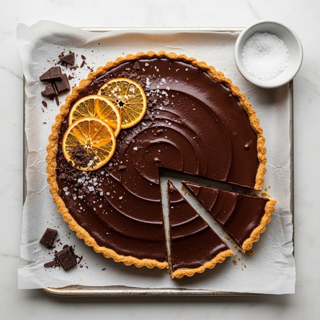 A round tart with a golden brown crust forms the base, topped with a smooth, dark chocolate layer that glistens slightly. The tart is sliced into three pieces, with two slices slightly pulled out. On one side of the tart, there are three thin, dried orange slices placed on top of a small pile of dark chocolate shavings. Coarse white salt flakes are scattered over the chocolate surface. Around the tart, there are a few small pieces of dark chocolate and a small white bowl filled with coarse salt. The whole setup is on a baking tray lined with parchment paper, placed on a white marbled textured surface. photo taken with an iphone --ar 4:5 --v 7