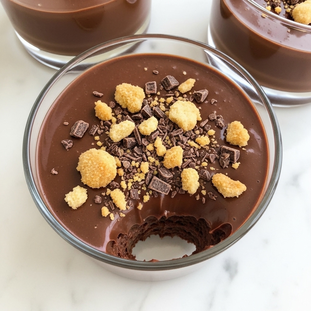 The dessert is served in a clear glass cup showing one layer of smooth, glossy dark chocolate pudding topped with a mix of crumbled light brown and beige cookie crumbs and small chocolate pieces scattered unevenly on the surface. The texture of the chocolate pudding is creamy and thick, with a small bite taken from the edge revealing its softness. The glass cups are placed on a white marbled surface, adding a clean and bright contrast to the rich dessert. photo taken with an iphone --ar 4:5 --v 7