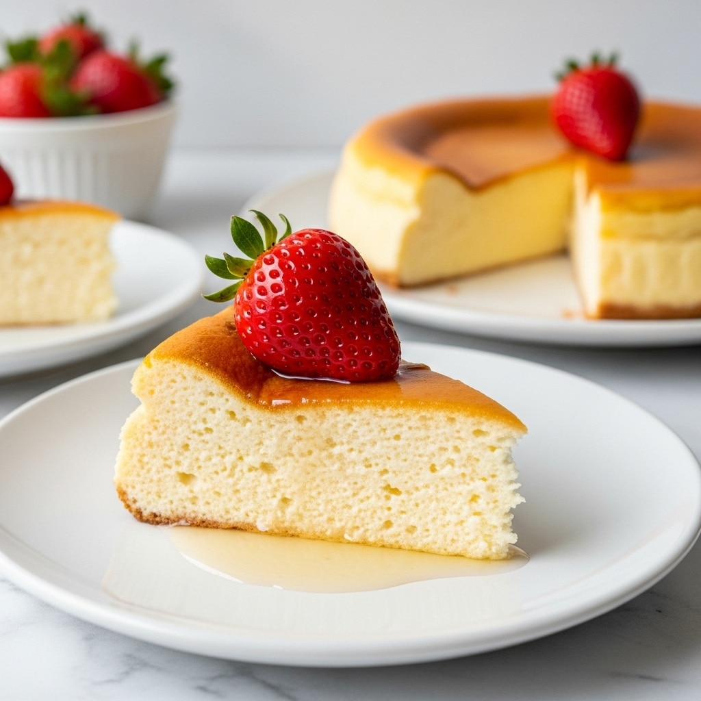 A close-up of a single slice of light yellow, fluffy cheesecake with small air bubbles inside, topped with a shiny, deep red strawberry with a green stem, sitting on a white plate. The cheesecake has a smooth golden-brown top layer, slightly shiny with syrup around its base. In the background, there is the rest of the cheesecake with a slice missing on a white plate, and a white bowl with more strawberries, all placed on a white marbled surface. photo taken with an iphone --ar 4:5 --v 7