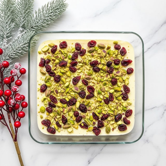 A square glass dish holds a single layer of white chocolate bark topped evenly with chopped green pistachios and small pieces of dark red dried cranberries, creating a colorful contrast on the smooth, creamy white surface. The dish is set on a white marbled texture, with some frosted pine branches and bright red berries placed on the left side as decoration. photo taken with an iphone --ar 4:5 --v 7