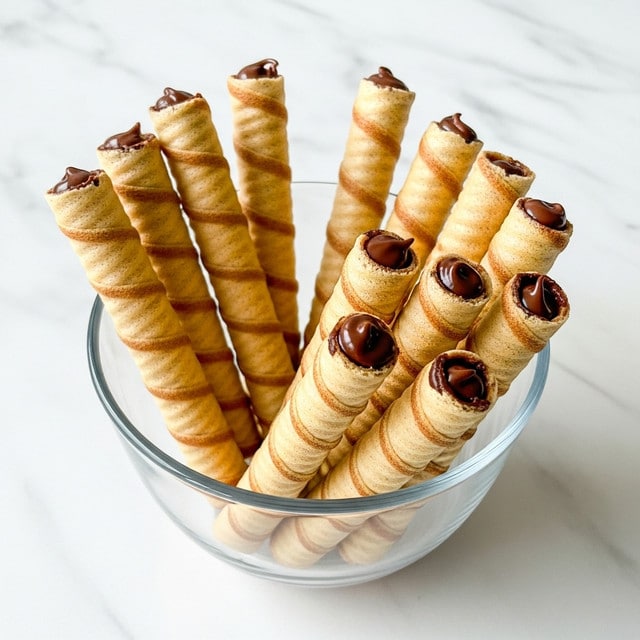 The image shows a clear glass bowl filled with several rolled wafer sticks that are golden brown with a slightly uneven texture, indicating crispness. Each stick is hollow and filled at the top with smooth, dark chocolate that shines slightly, contrasting with the matte surface of the wafers. The sticks are arranged standing upright with some leaning against each other inside the bowl. The background and surface are white marble, adding a clean and bright look to the scene. photo taken with an iphone --ar 4:5 --v 7