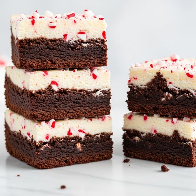 A close-up of a stack of three brownies on a white marbled surface, each square showing two layers: a bottom thick, dark chocolate brownie layer with a rough, dense texture, and a top creamy, white cheesecake layer speckled with small bits of red peppermint candy; to the right, a fourth brownie leans on the stack, revealing the same two-layer structure with some crumbled edges. photo taken with an iphone --ar 4:5 --v 7