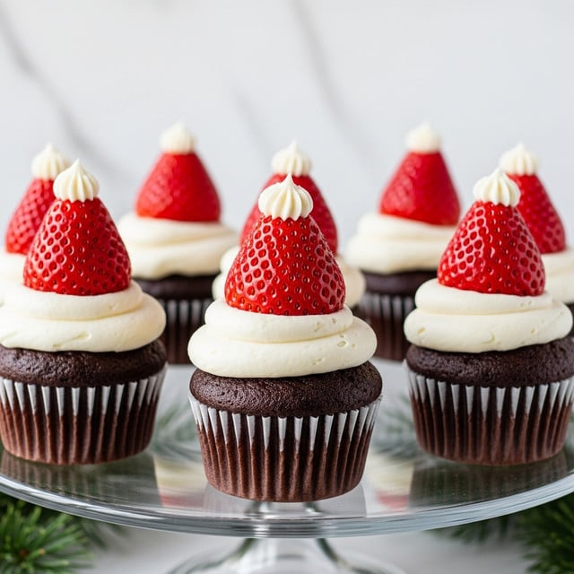 The image shows several chocolate cupcakes arranged on a clear glass cake stand. Each cupcake has three layers: a dark brown, moist chocolate cupcake base with a ridged paper liner, a thick swirl of white cream frosting on top, and a large bright red strawberry sitting like a hat on the frosting, with a small dollop of cream on the tip of the strawberry. The background features a simple white marbled texture with a hint of green pine sprigs for decoration. Photo taken with an iphone --ar 4:5 --v 7
