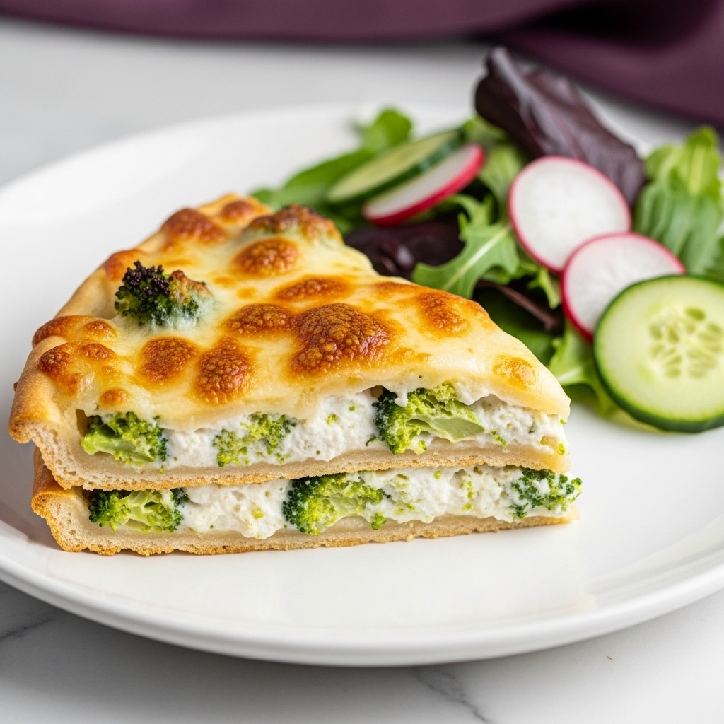 The image shows a slice of pizza on a white plate with three visible layers: a golden-brown crispy crust at the base, a thick layer of creamy white cheese mixed with green broccoli pieces in the middle, and a top layer of melted, slightly browned cheese with a bubbly texture. Next to the pizza slice is a small side salad made up of mixed greens, thinly sliced radishes, and cucumber slices. The plate sits on a white marbled surface with a hint of purple cloth in the background. photo taken with an iphone --ar 4:5 --v 7