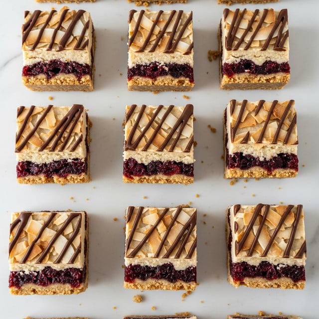 The image shows twelve square dessert bars arranged in a grid on a white marbled surface. Each bar has three visible layers: a bottom layer of crumbly, golden-brown crust, a middle layer packed with dark red dried fruit pieces that add texture and color, and a top layer decorated with toasted coconut flakes in pale beige with light brown edges, scattered unevenly. Drizzles of dark brown chocolate streak across the top layer in thin, curved lines, adding a glossy texture and contrast to the matte toasted coconut. The bars are evenly spaced, with small crumbs visible around them. photo taken with an iphone --ar 4:5 --v 7